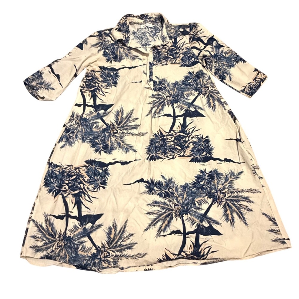 Noeline Italy Women‎ White Navy Tropical Palm Tree Cotton Shirt Dress Size S
